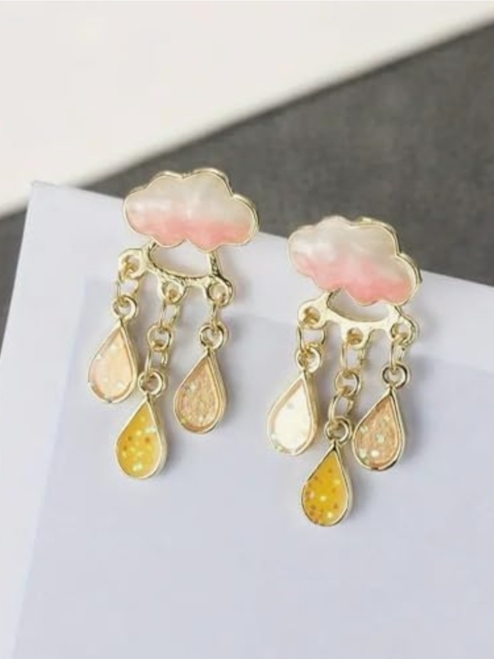 Gold Rainy Day Cloud Drop Earrings with Pink Clouds and Yellow Raindrops